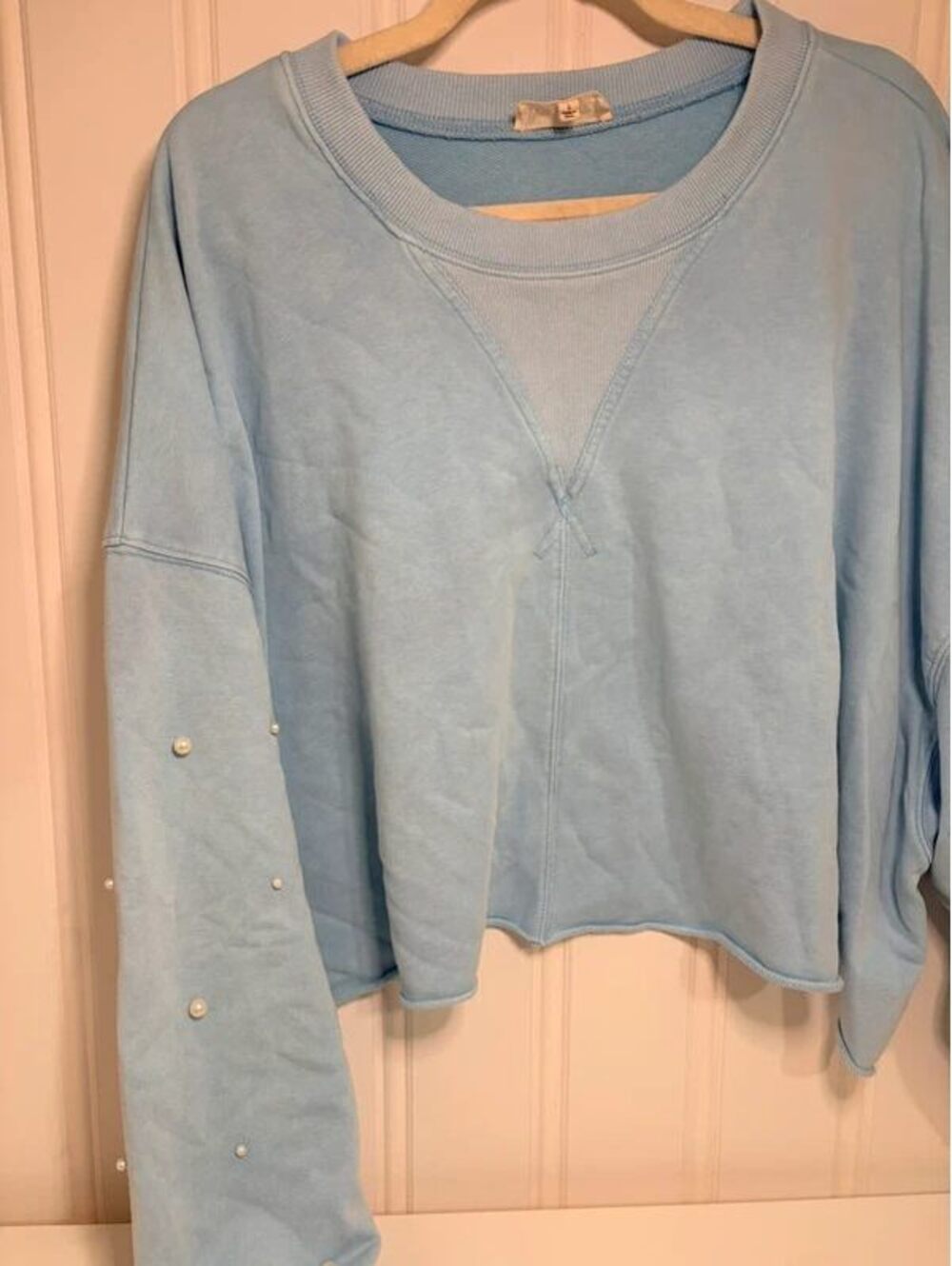 Peach Love Pearl Embellished Sleeve Cropped sweatshirt